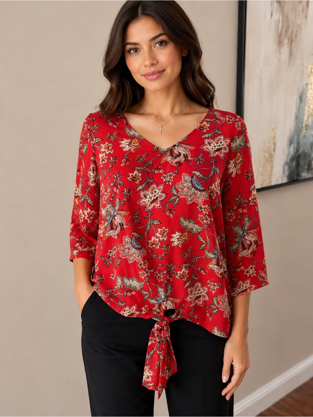 Como Vintage Red Floral Tie-Front V-Neck Blouse